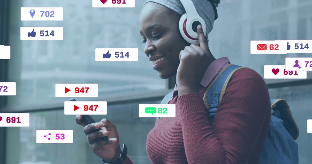 African American Woman Engaging on Smartphone with Social Media Icons