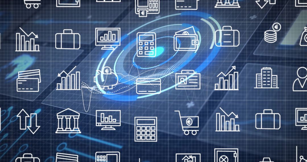 Fintech Icons and Data on Smartphone in Digital Visualization