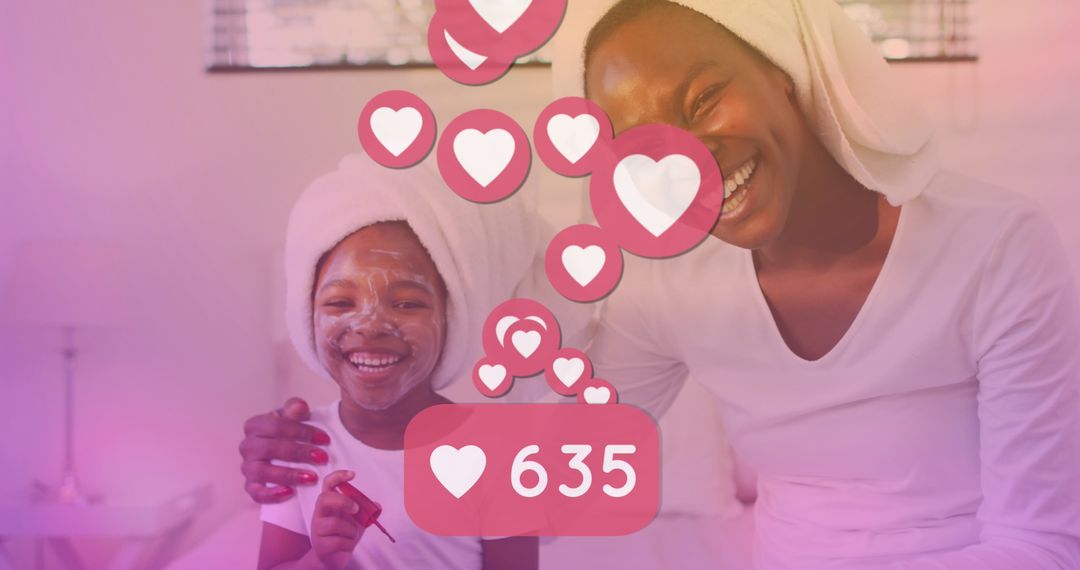 Smiling Mother and Daughter Enjoying Skincare Routine with Social Media Reactions