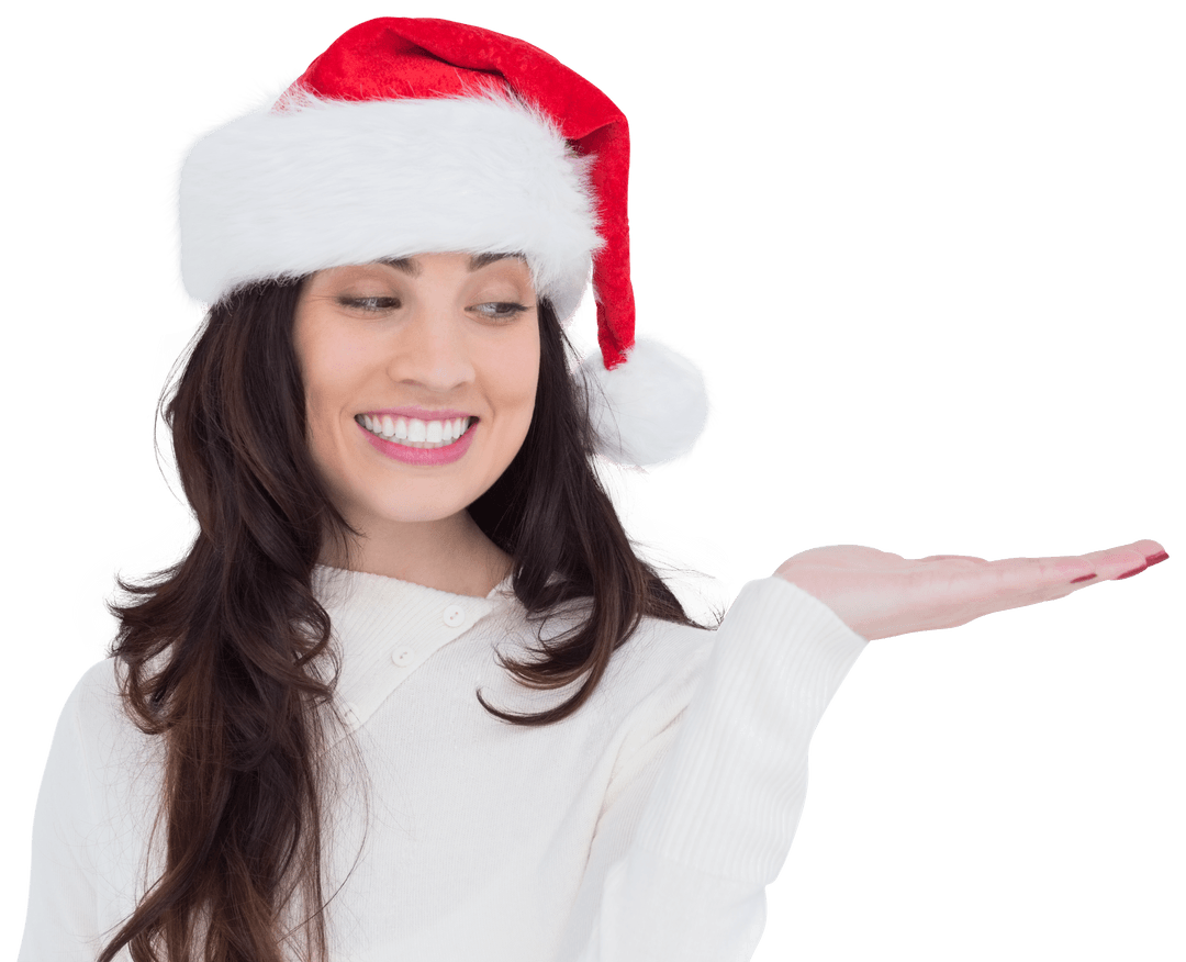 Woman in Santa Hat Gesturing Transparent Offering