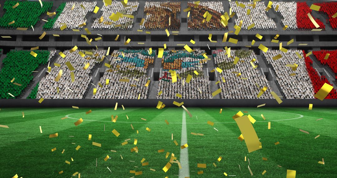 Confetti Falls Over Mexican Flag Display in Empty Stadium