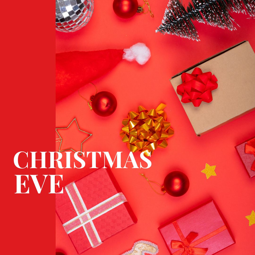 Festive Christmas Eve Arrangement with Decorations on Red Background
