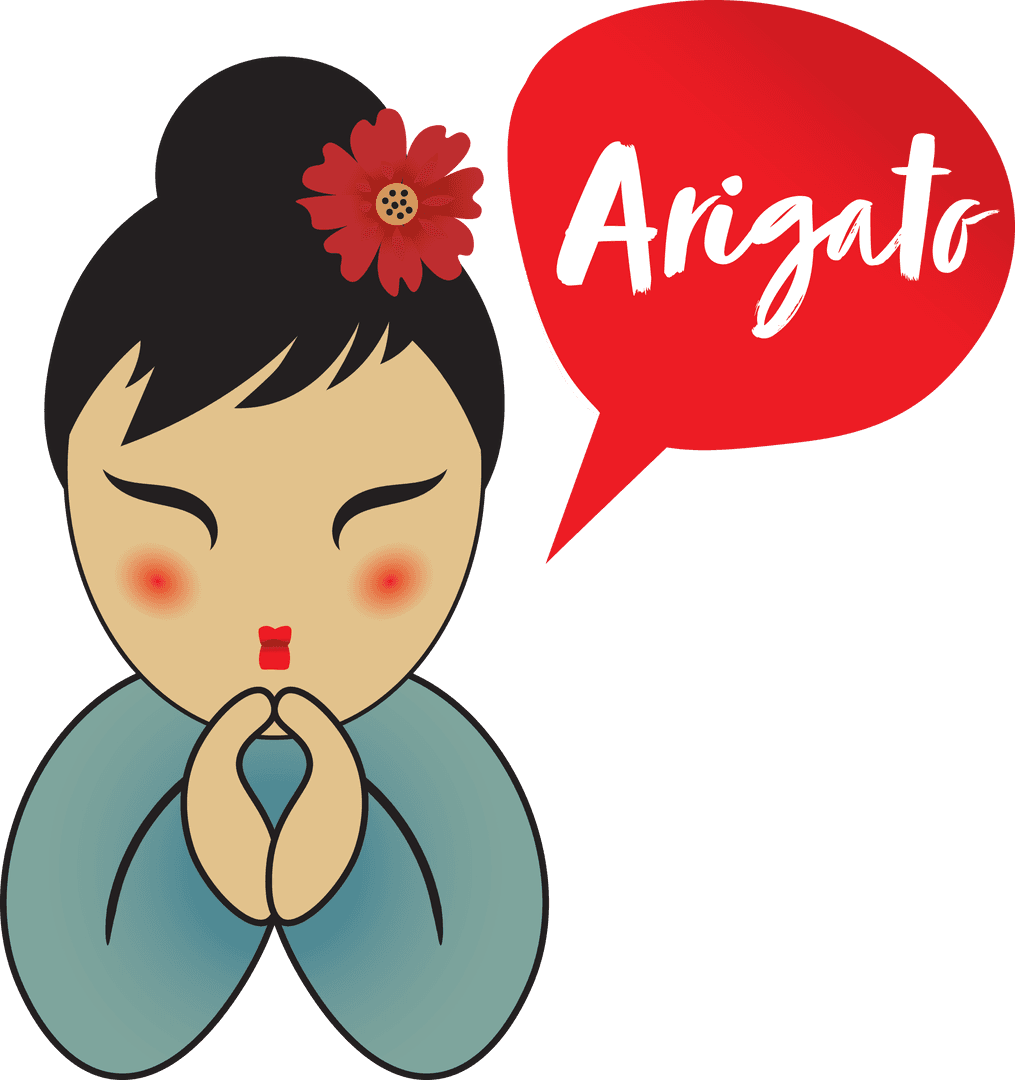 Japanese Arigato Character in Fun Transparent Illustration