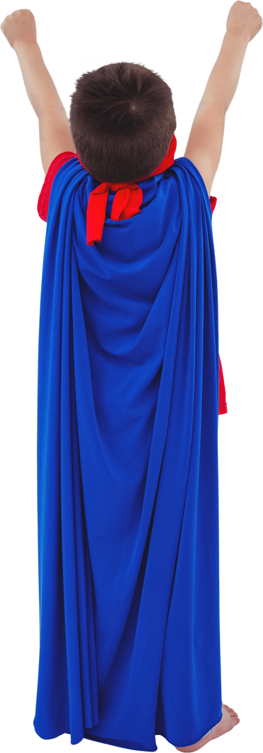 Back View of Child in Cape Pretending to be Superhero on Transparent Background