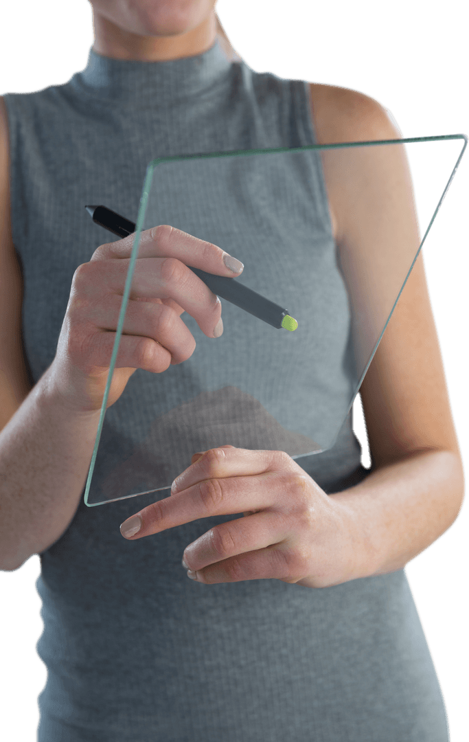 Businesswoman Interacting with Transparent Glass Interface