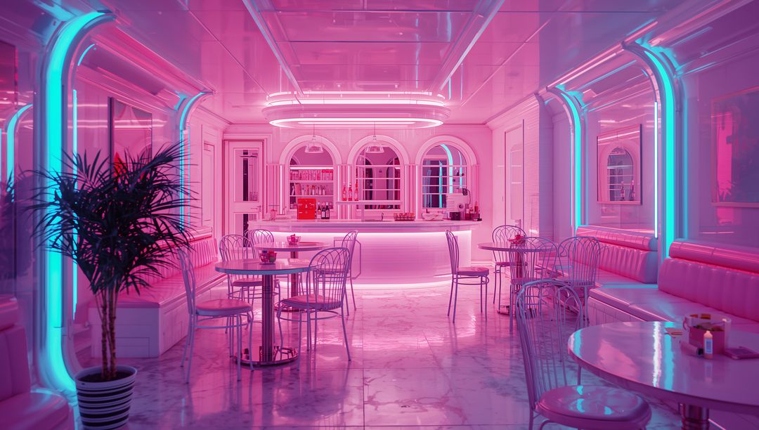 Neon-Lit Diner Bar with Modern Seating and Vintage Ambiance