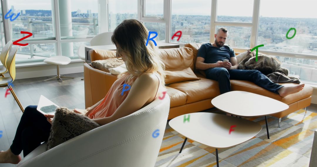Couple Engaged with Devices, Abstract Letters Overlay