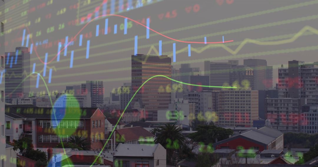 Futuristic Financial Analysis Overlaying Urban Skyline
