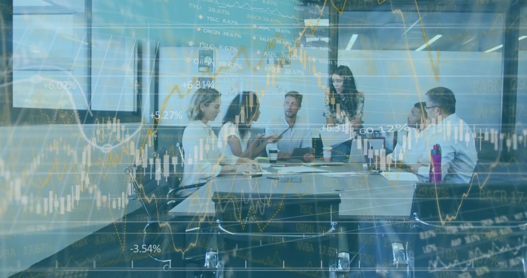 Business Team Collaborative Meeting Overlaid with Financial Data