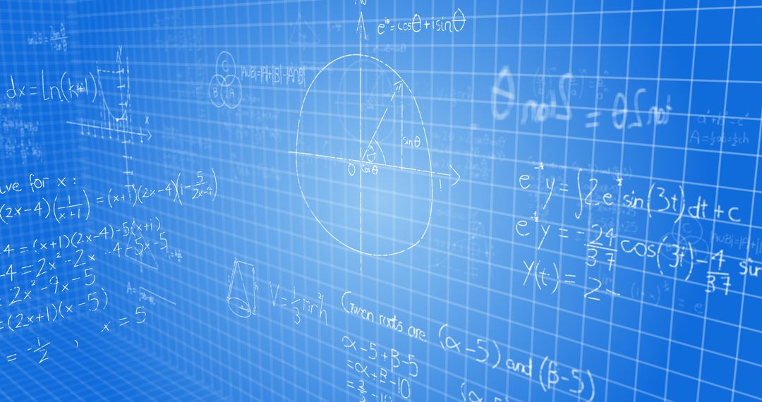 Math Formulas and Geometry on Digital Blue Grid Background