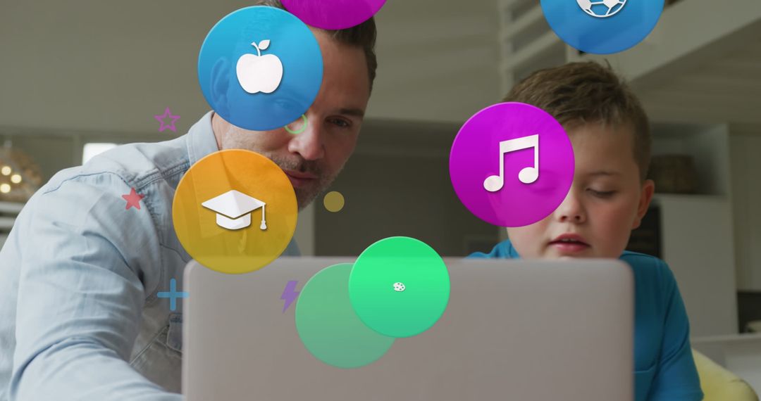 Father and Son Engaged in Laptop Learning with Digital Icons