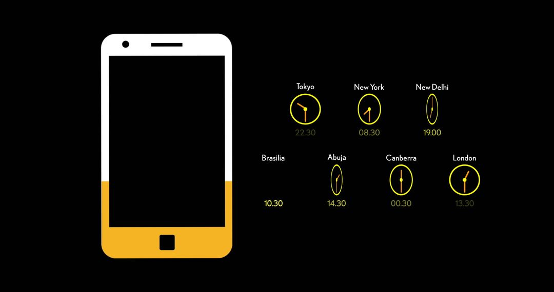 Smartphone Displaying World Time Zones on Black Background