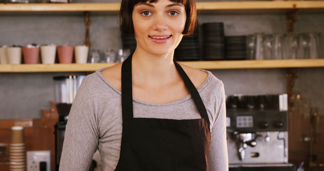 Smiling Barista in Modern Cafe with Coffee Equipment - Free Images, Stock Photos and Pictures on Pikwizard.com