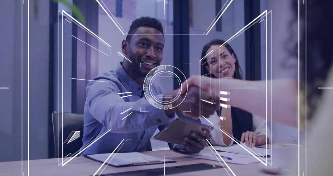 Professional Handshake in Modern Office Setting with Digital Overlay