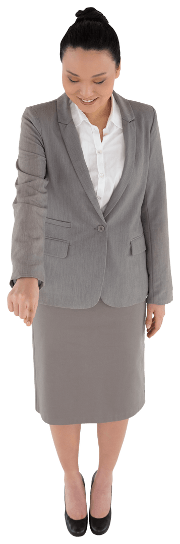 Transparent Background Smiling Asian Businesswoman Pointing Downward