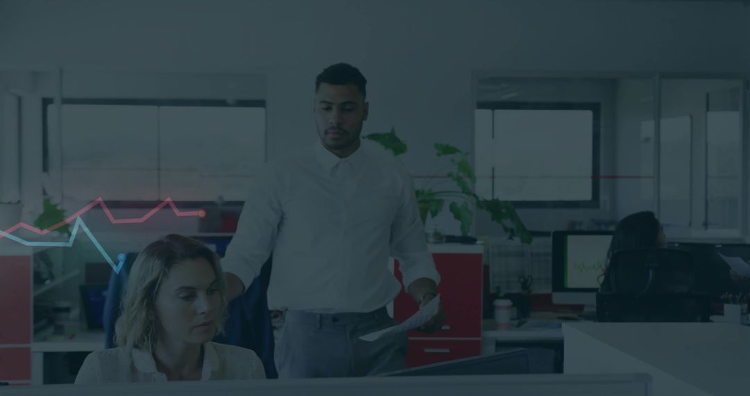 Manager Reviewing Reports with Colleague in Modern Open Office with Data Chart Overlay