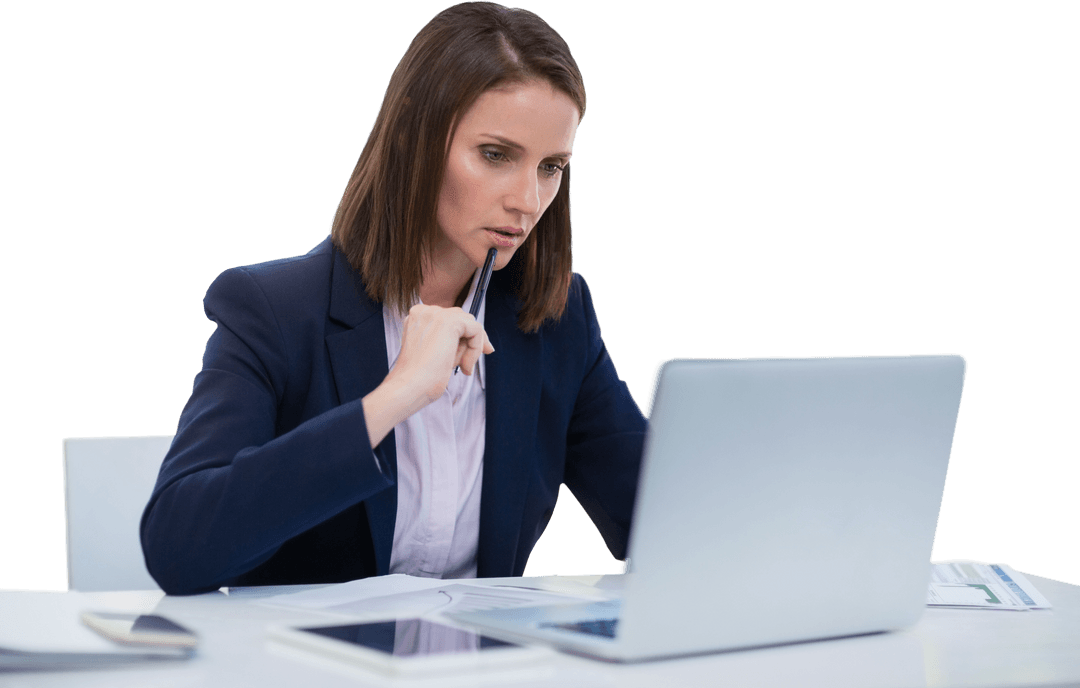 Transparent Focused Businesswoman Analyzing Laptop Data in Office