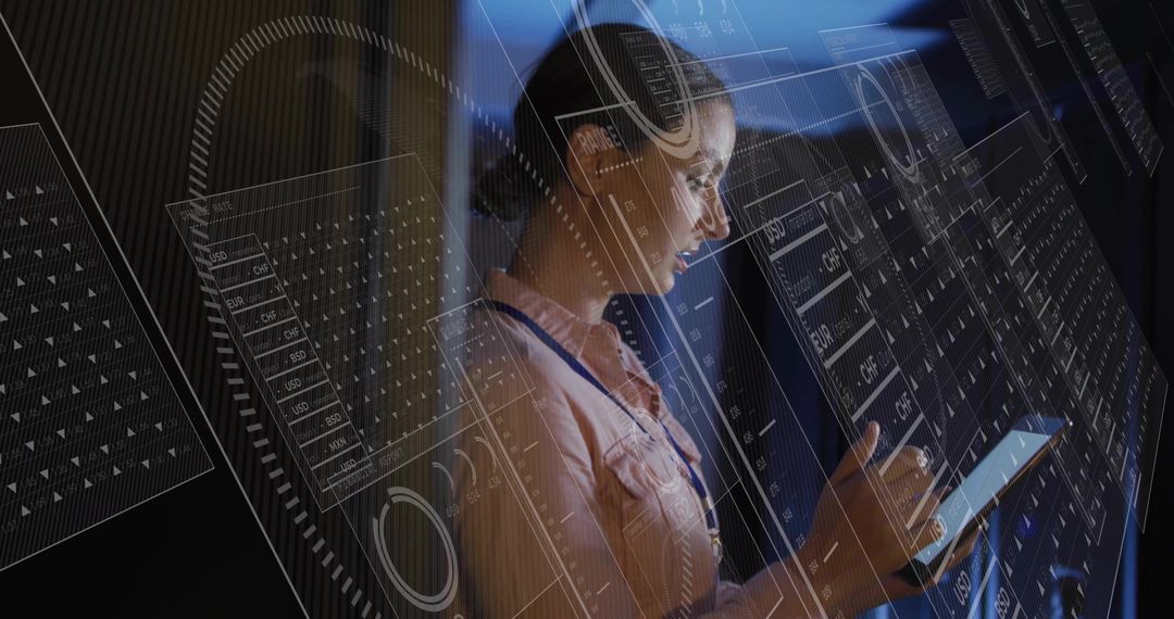 Engineer Interacting with Holographic Panels in Control Room
