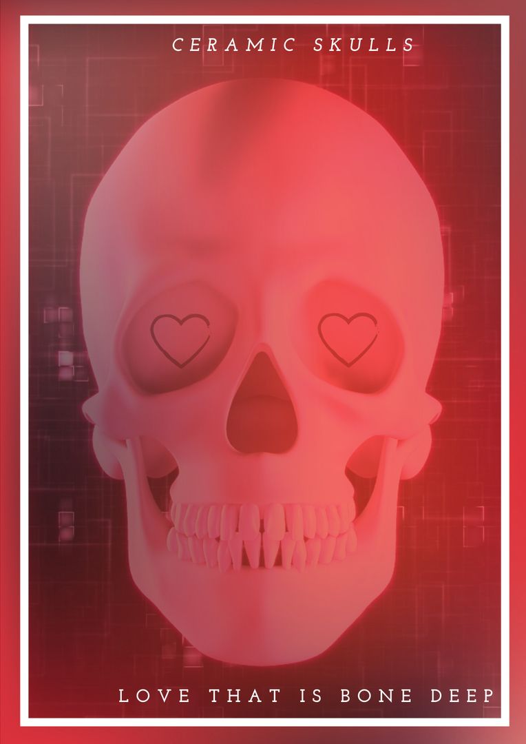 Quirky Heart-Eyed Skull on Radiant Red Background