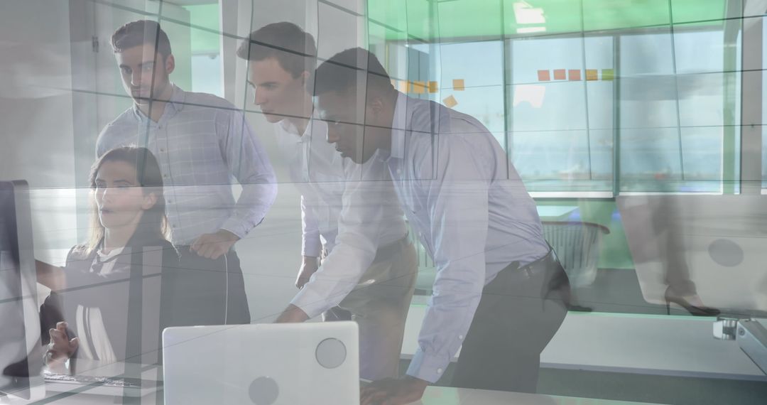 Diverse Business Team Collaborating on Laptop with Data Processing Overlay