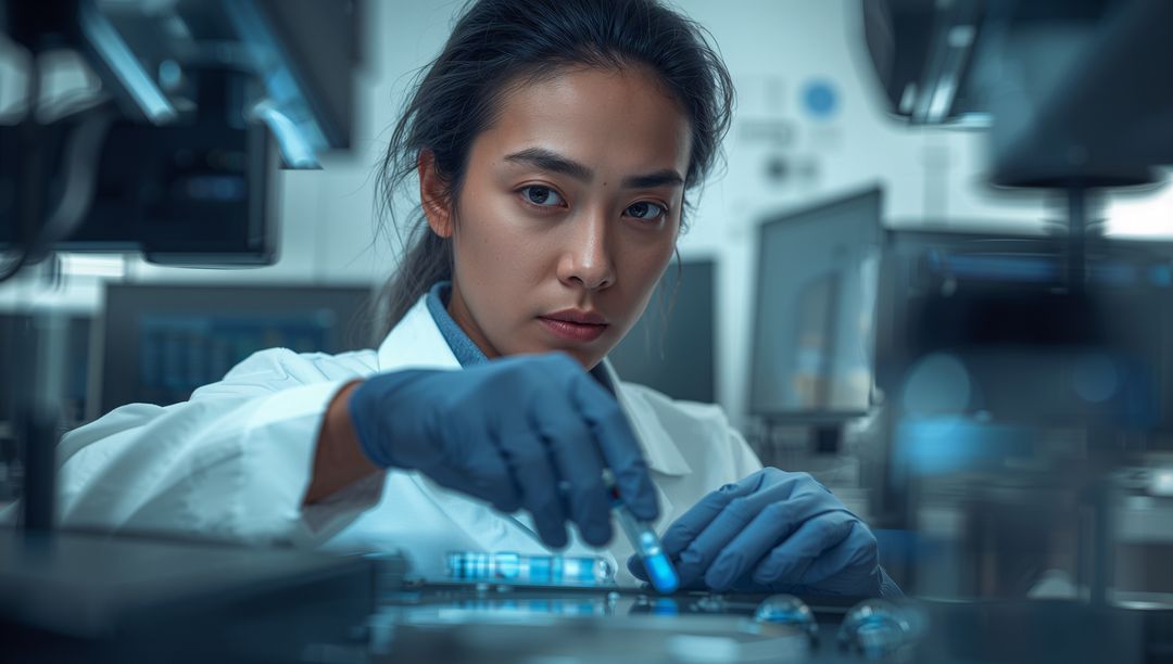 Focused Scientist Handling Glowing Test Tube in Modern Lab