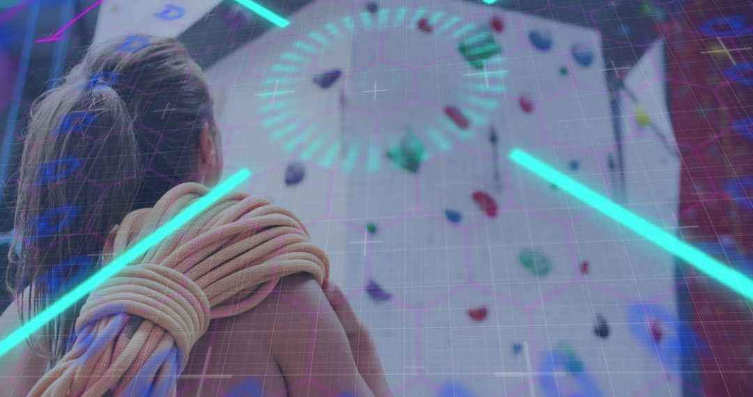Female Climber with Data Overlay at Indoor Climbing Wall