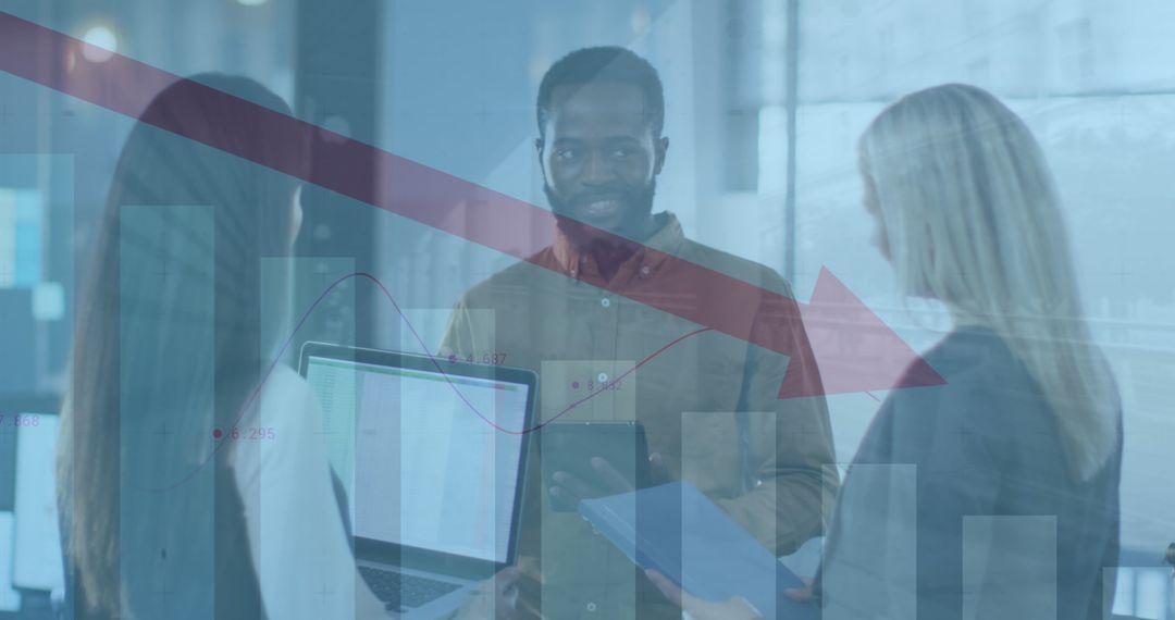 Diverse Business Team Discussing Strategies with Digital Overlay