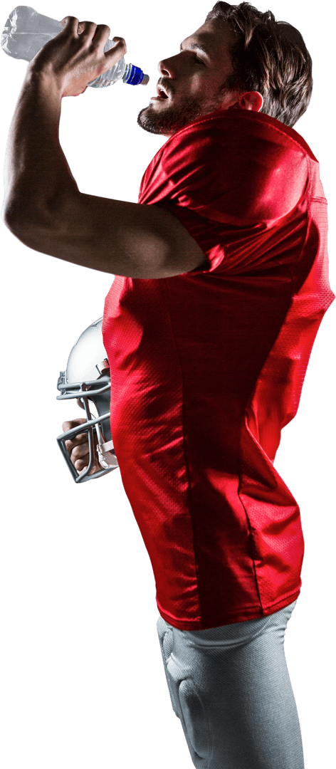 American Football Player Drinking Water in Red Jersey on Transparent Background