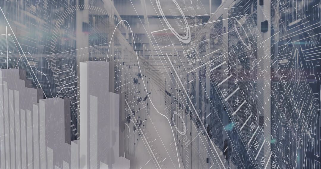 Futuristic Data Center with Financial Graphs and 3D Elements