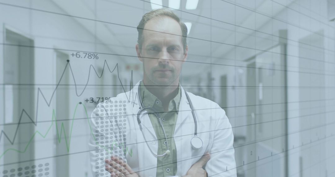 Doctor Analyzing Percentage Graphs in Hospital Corridor