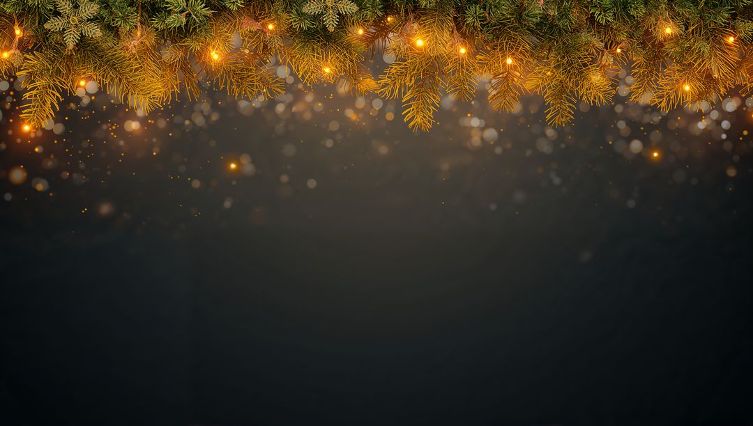Glowing Evergreen Garland Shimmering with Warm String Lights and Golden Bokeh