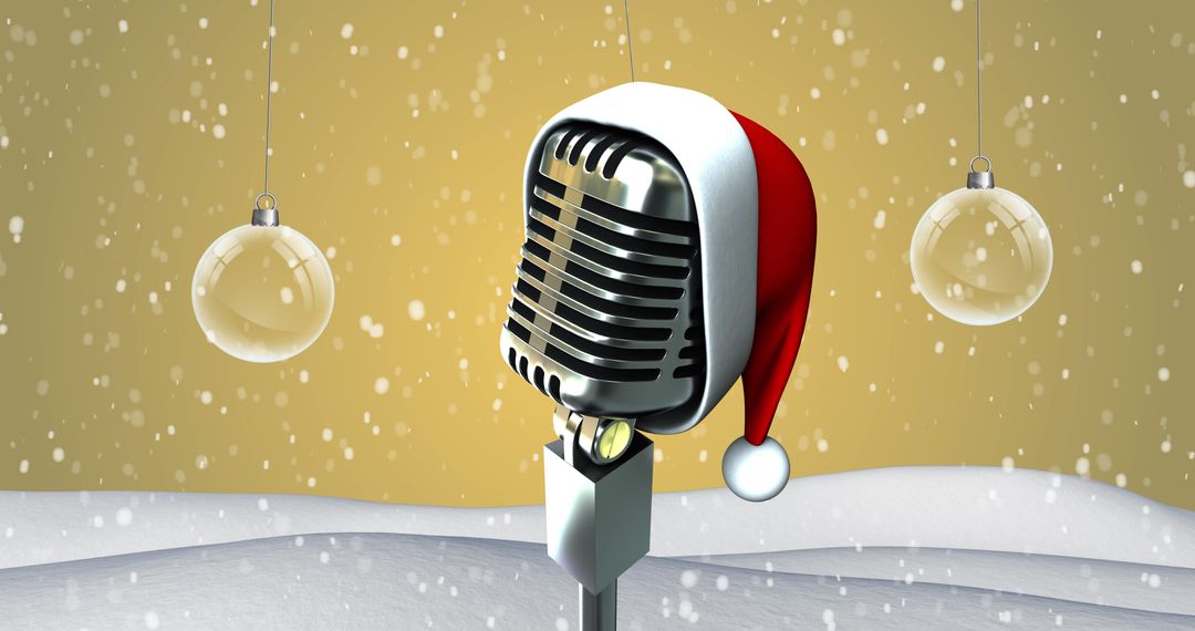 Retro Microphone with Santa Hat in Festive Winter Scene