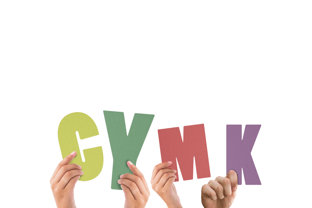 Transparent CMYK Letters Held by Diverse Hands