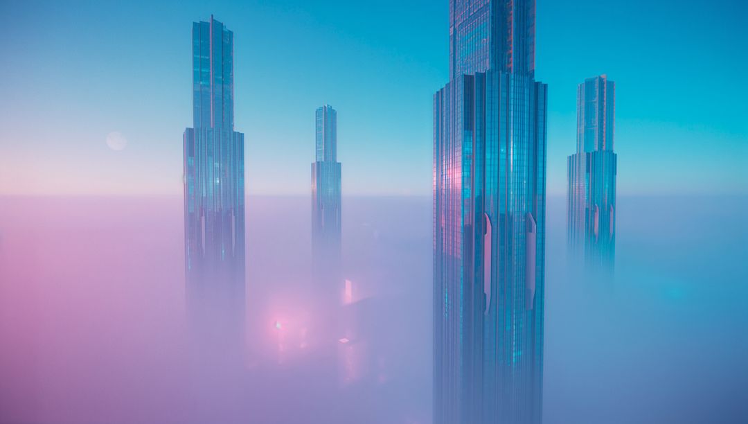 Futuristic Skyscrapers Emerging Through Misty Dawn Sky