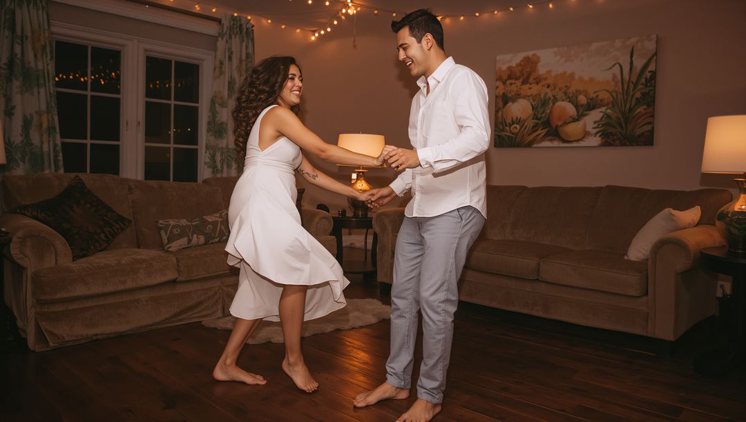 Barefoot Couple Dancing in Cozy Living Room Under String Lights and Warm Ambient Lamp Glow