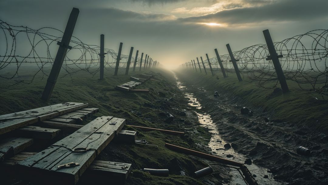 Foggy first world war trench with barbed wire in post-apocalyptic field