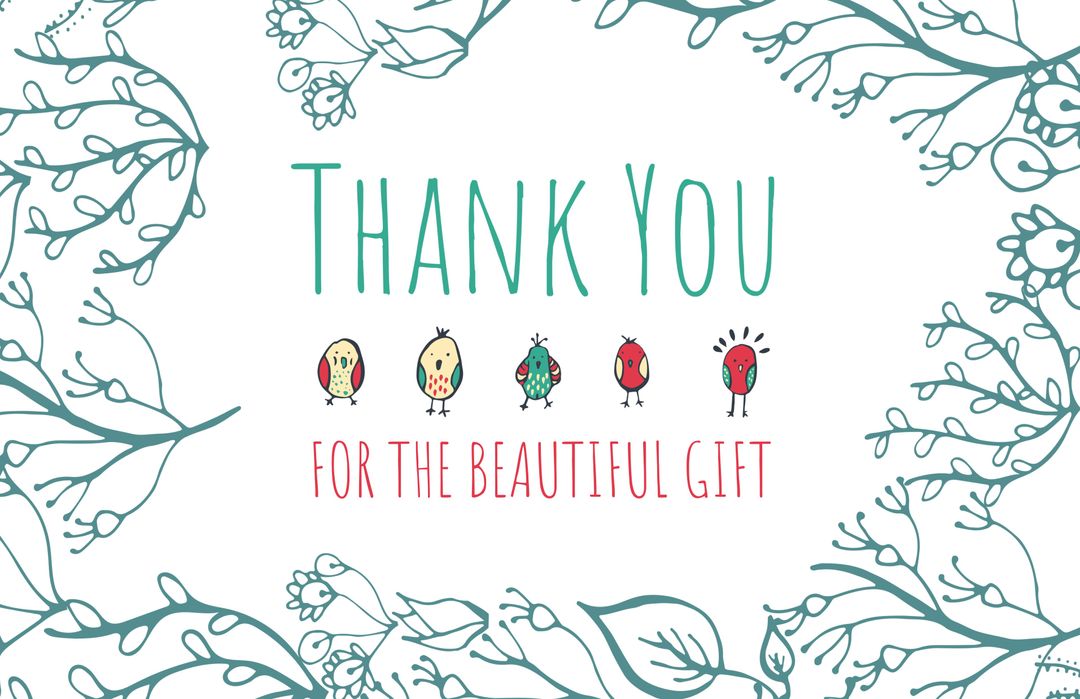 Whimsical Bird Thank You Card Design with Botanical Elements