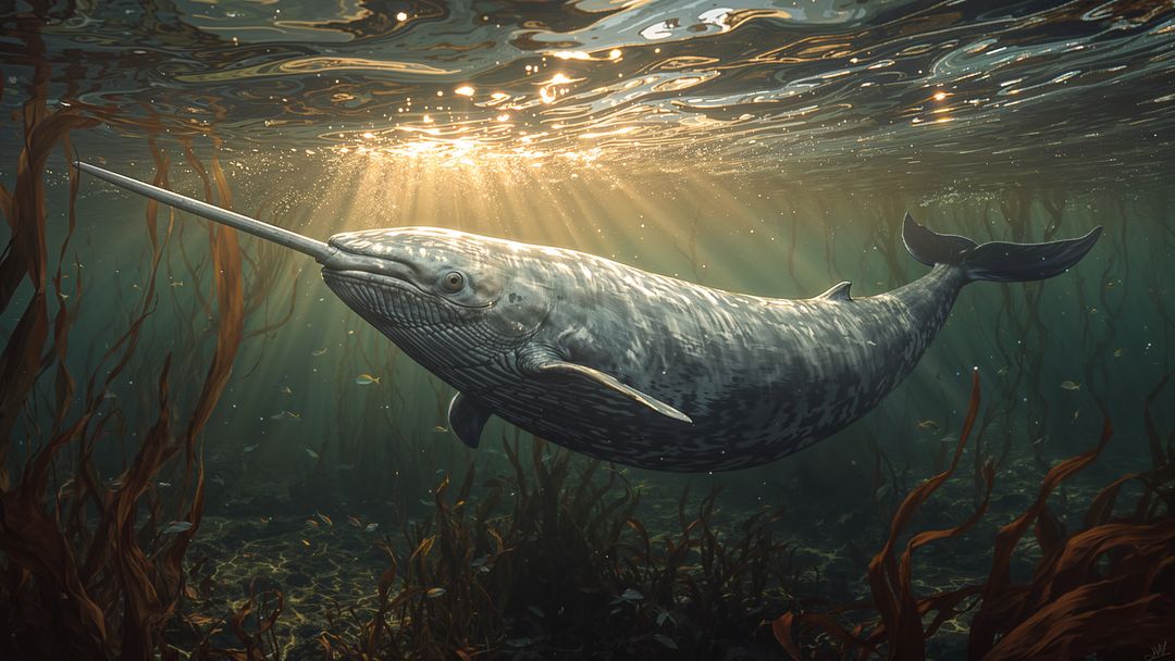 Narwhal with Tusks Gliding Through Sunlit Kelp Forest Waters