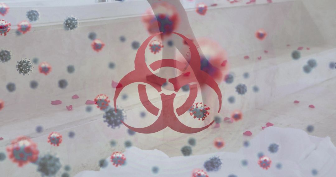 Biohazard Symbol Overlaying Contaminated Area with Viral Particles