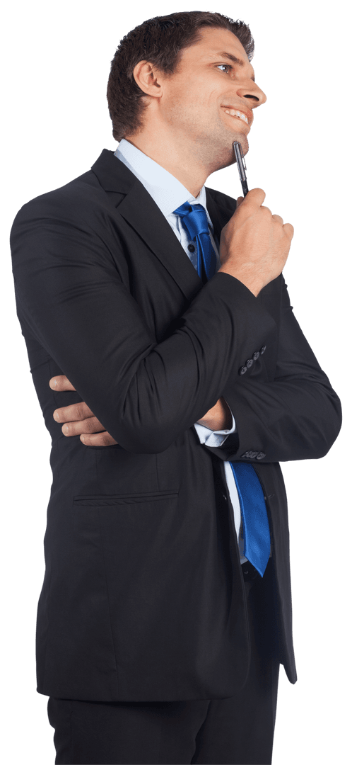 Pensive Businessman with Pen on Transparent Background