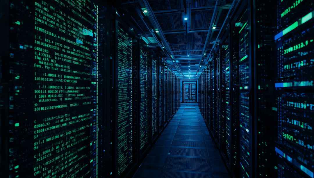 Futuristic Server Room with Code Panels and LED Lights