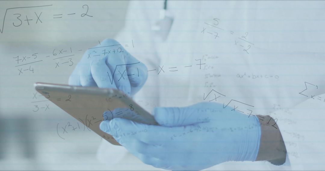 Scientist Using Digital Tablet with Math Equations Overlay
