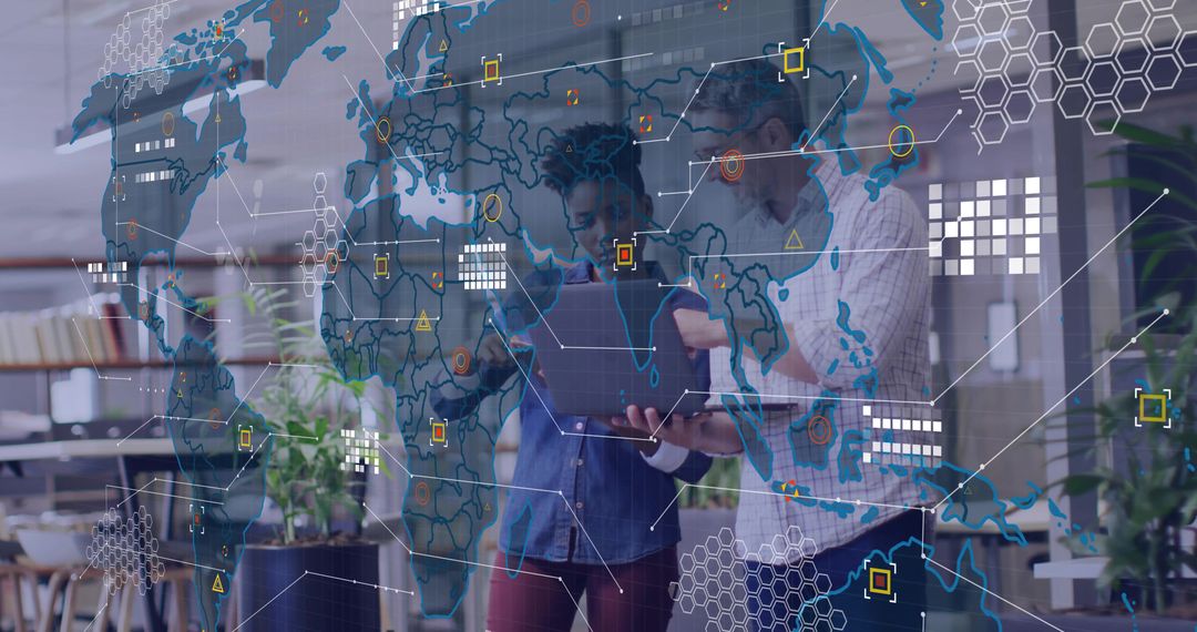 Colleagues Collaborating with Global Network Interface in Office