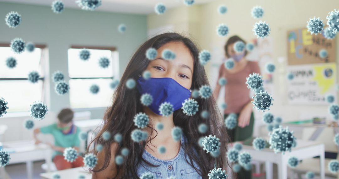 Masked Schoolgirl Surrounded by Virus Particles in Classroom Environment
