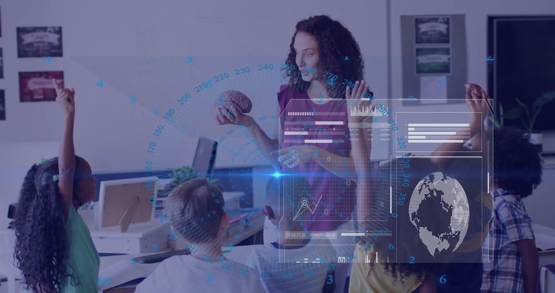 Educator Explaining Brain Model with Holographic Displays in Classroom
