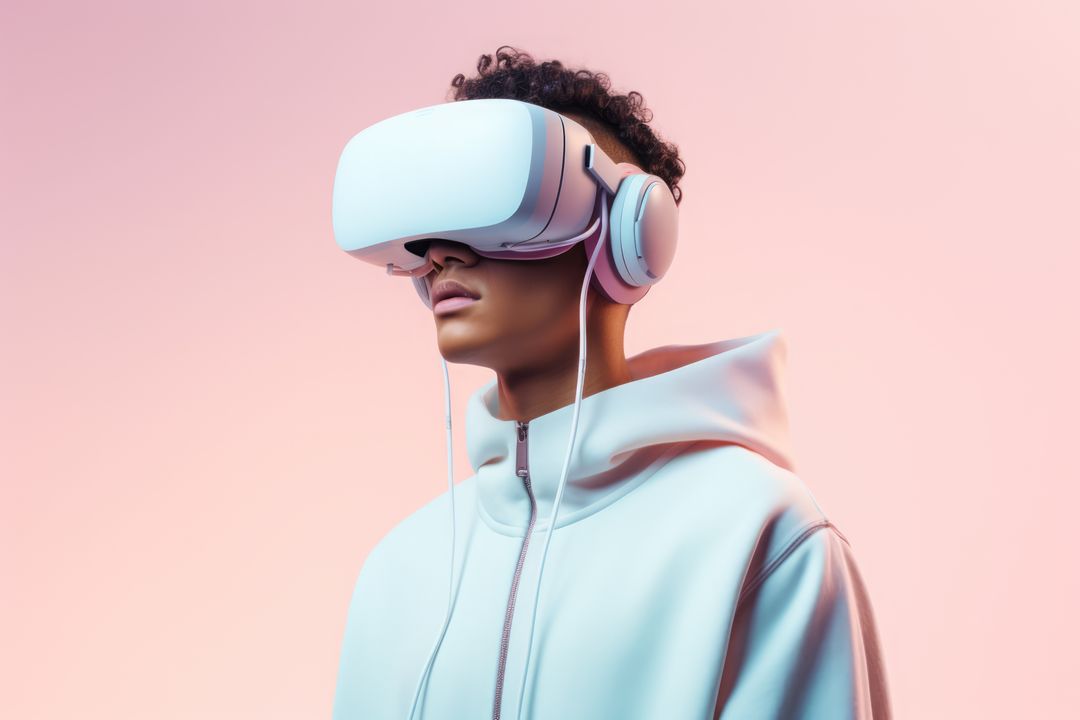 Biracial man wearing vr and ar headset on pink background, created using generative ai technology - Free Images, Stock Photos and Pictures on Pikwizard.com