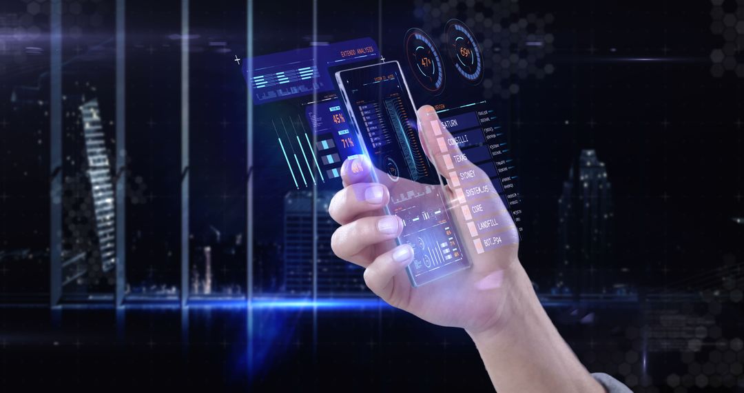 Hand Holding Transparent Smartphone with Futuristic Interface