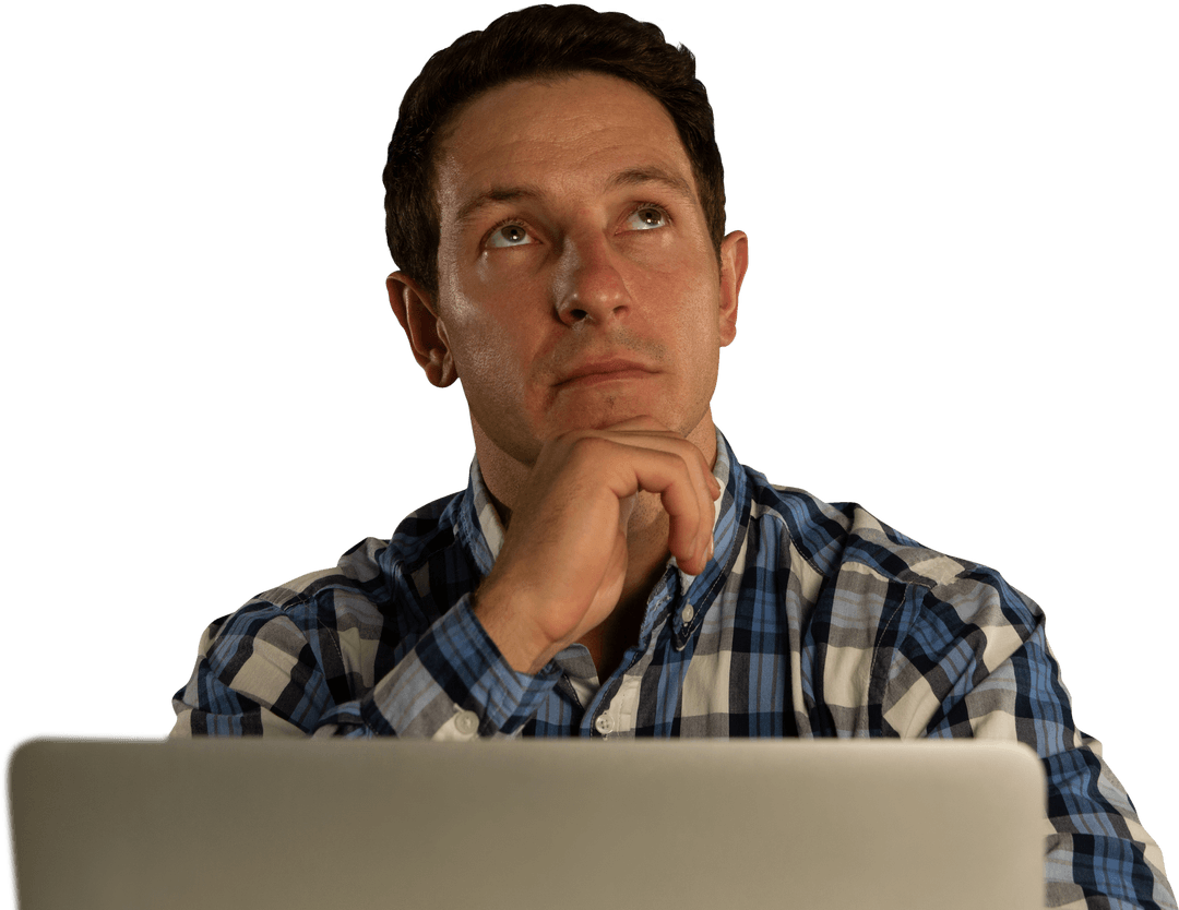 Pensive Man at Laptop Transparent Background Creative Thinking