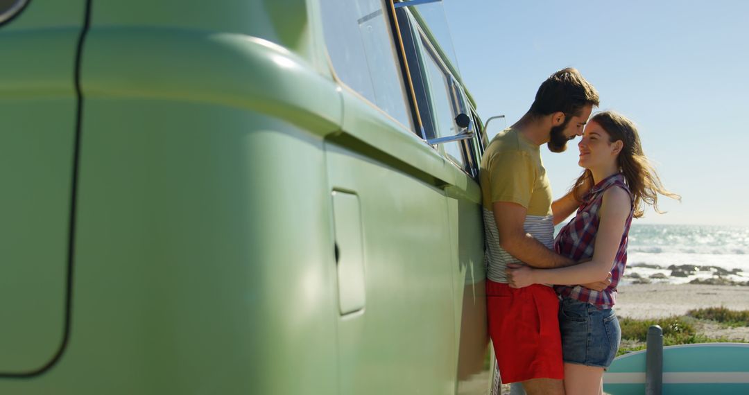 Young Couple Embracing by Vintage Van on Beach - Free Images, Stock Photos and Pictures on Pikwizard.com