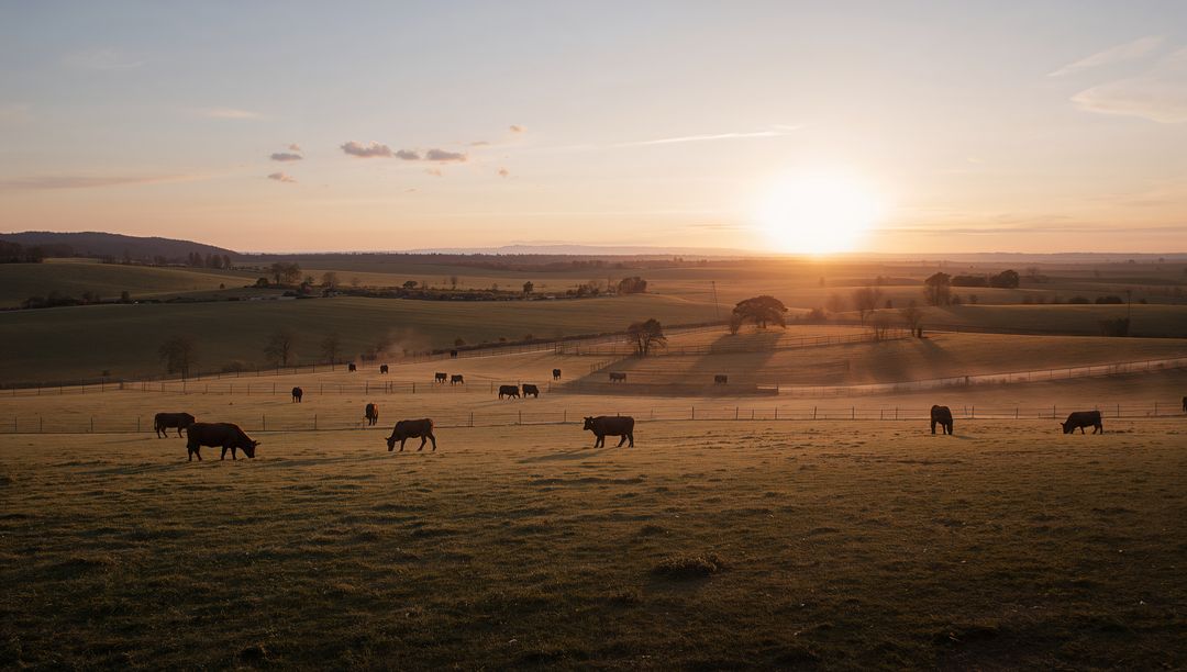 Tranquil Pasture at Sunrise With Grazing Cows on Rolling Hills